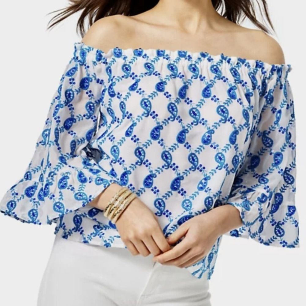 Lilly Pulitzer Alva Off Shoulder Sequin Blouse Women’s Small White Blue Paisley